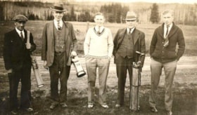 Five men, three with golf bags. [?], Bill Seveerly, Bob Kennedy, Pete Cannigan, Roy Cummings. (Images are provided for educational and research purposes only. Other use requires permission, please contact the Museum.) thumbnail