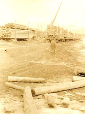 Loaded logs on the Grand Trunk Pacific with horse in foreground. (Images are provided for educational and research purposes only. Other use requires permission, please contact the Museum.) thumbnail