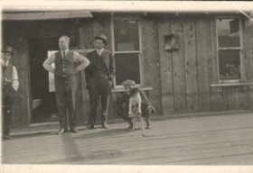 Arthur Elliot, Maxwell, Joe Green, Bud Fisher and Casper [the dog] in front of the old train station, Smithers, B.C.. (Images are provided for educational and research purposes only. Other use requires permission, please contact the Museum.) thumbnail