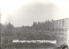 Laying track on the GTP at Telkwa, B.C.. (Images are provided for educational and research purposes only. Other use requires permission, please contact the Museum.) thumbnail