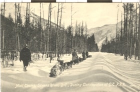 Barry McIvaney, George Baws, Smitty and Dunc McGibbon with dog sleds on a mail train along the Skeena River. (Images are provided for educational and research purposes only. Other use requires permission, please contact the Museum.) thumbnail