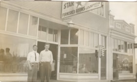 Jim Kennedy and Art White in front of Kennedy's Star Pool Room in Smithers, B.C.. (Images are provided for educational and research purposes only. Other use requires permission, please contact the Museum.) thumbnail