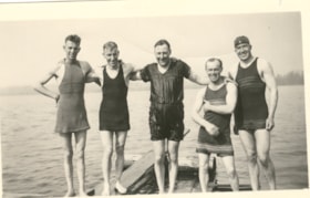Ed Warning, Al Finnerty, Pete Johnson, Shorty Stafford, and Geo Heffernan in swimwear on Lake Kathlyn. (Images are provided for educational and research purposes only. Other use requires permission, please contact the Museum.) thumbnail
