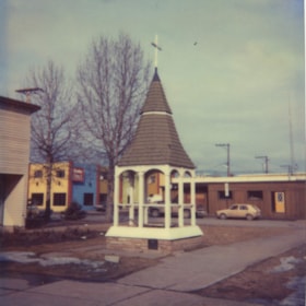 Catholic Church steeple that now sits in front of the Public Library, Smithers, B.C.. (Images are provided for educational and research purposes only. Other use requires permission, please contact the Museum.) thumbnail