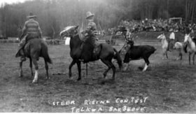 Steer riding contest Telkwa barbeque. (Images are provided for educational and research purposes only. Other use requires permission, please contact the Museum.) thumbnail
