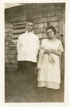 Art Dickson, oderly, and Irma Bannister (nee Lewis), cook, outside the first hospital. (Images are provided for educational and research purposes only. Other use requires permission, please contact the Museum.) thumbnail