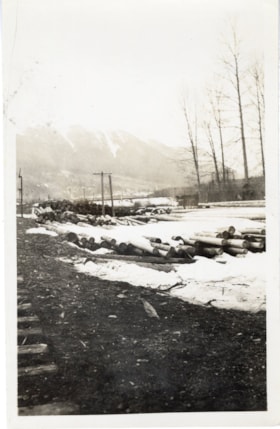 Logs at Skeena Crossing, March 31, 1934. (Images are provided for educational and research purposes only. Other use requires permission, please contact the Museum.) thumbnail