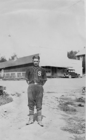 [John or Larry?] DeVoin in his baseball uniform, Burns Lake, B.C.. (Images are provided for educational and research purposes only. Other use requires permission, please contact the Museum.) thumbnail