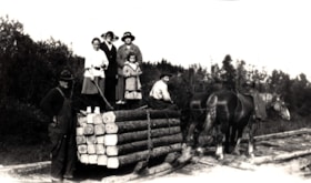 Tiny McLaughlin (tie inspector), Vera McInnes, Mabel Allen, Beatrice Williscroft, Neva McInnes, Emery Green, hauling ties near Perow, B.C.. (Images are provided for educational and research purposes only. Other use requires permission, please contact the Museum.) thumbnail