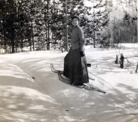 Dolly Sanborn snowshoeing in Telkwa B.C.. (Images are provided for educational and research purposes only. Other use requires permission, please contact the Museum.) thumbnail