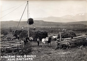 Stacking hay at Diamond D Ranch. (Images are provided for educational and research purposes only. Other use requires permission, please contact the Museum.) thumbnail