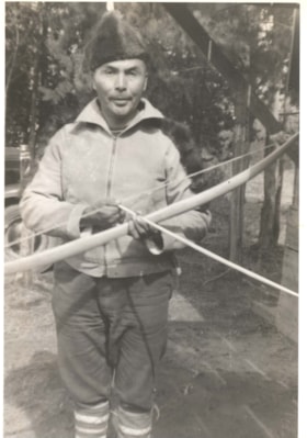 Alex Tiljoe with a bow and arrow at Smithers' 25th Birthday Celebration. (Images are provided for educational and research purposes only. Other use requires permission, please contact the Museum.) thumbnail