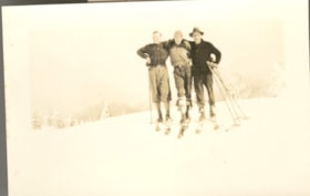 3 unknown men on skis. (Images are provided for educational and research purposes only. Other use requires permission, please contact the Museum.) thumbnail