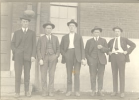 5 unknown men outside brick building. (Images are provided for educational and research purposes only. Other use requires permission, please contact the Museum.) thumbnail