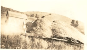 Large hay pile next to shed. (Images are provided for educational and research purposes only. Other use requires permission, please contact the Museum.) thumbnail