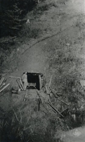 Man standing near No. 4 seam portal at Coal Creek Mine. (Images are provided for educational and research purposes only. Other use requires permission, please contact the Museum.) thumbnail
