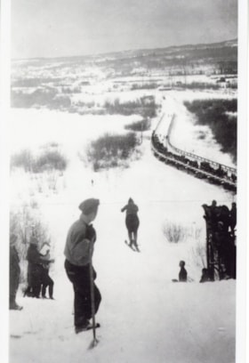 Melvin Berg on Burns Lake, B.C., ski jump, 1936. (Images are provided for educational and research purposes only. Other use requires permission, please contact the Museum.) thumbnail