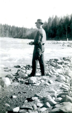Albert William (Bill) Vinson (May 26, 1909, Basingstoke, England-November 8, 2011, Prince George, BC) fishing in Smithers. (Images are provided for educational and research purposes only. Other use requires permission, please contact the Museum.) thumbnail