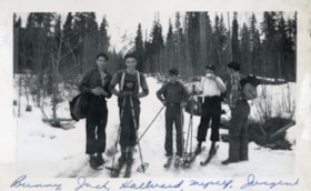 Five cross-country skiiers [at Silvern Lake]. (Images are provided for educational and research purposes only. Other use requires permission, please contact the Museum.) thumbnail
