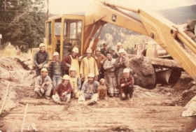 Group photo of crew laying building foundation near Highway 16, Smithers, B.C.. (Images are provided for educational and research purposes only. Other use requires permission, please contact the Museum.) thumbnail