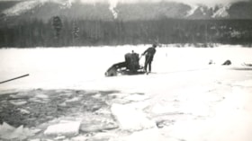 Man cutting ice on Lake Kathlyn. (Images are provided for educational and research purposes only. Other use requires permission, please contact the Museum.) thumbnail