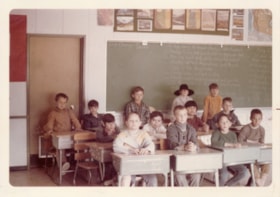 Boys wearing pioneer clothes in classroom. (Images are provided for educational and research purposes only. Other use requires permission, please contact the Museum.) thumbnail