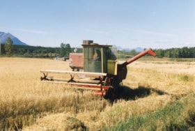 Combine harvesting oats on Bill Flint's farm. (Images are provided for educational and research purposes only. Other use requires permission, please contact the Museum.) thumbnail