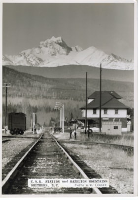 C.N.R. Station and Hazelton Mountains. (Images are provided for educational and research purposes only. Other use requires permission, please contact the Museum.) thumbnail