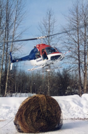 Helicopter lifting hay bale. (Images are provided for educational and research purposes only. Other use requires permission, please contact the Museum.) thumbnail
