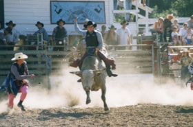 Bull-rider at Kispiox Valley Rodeo. (Images are provided for educational and research purposes only. Other use requires permission, please contact the Museum.) thumbnail