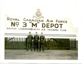 Three soldiers at Royal Canadian Air Force Depot. (Images are provided for educational and research purposes only. Other use requires permission, please contact the Museum.) thumbnail